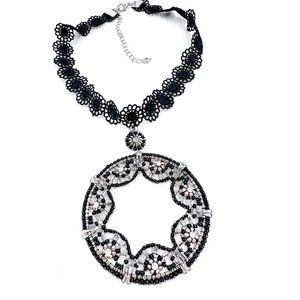 Up-Cycled - Black and Silver Medallion Pendant Black Lace 12” Choker Necklace